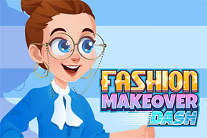 Femme souriante aux lunettes rondes et cheveux châtains relevés, devant un fond bleu avec le texte « Fashion Makeover Dash »