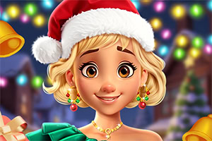 Jeune femme blonde souriante portant un bonnet de Noël rouge et blanc, devant des lumières festives colorées