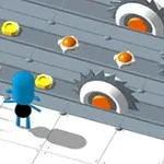 Personnage de dessin animé bleu évitant des obstacles sur un parcours de jeu avec scies circulaires et pièges