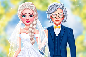 Illustration de personnages de dessin animé en tenue de mariage, la mariée avec une longue tresse et le marié avec des lunettes et un noeud papillon jaune