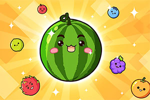 Illustration adorable de pastèque souriante entourée de petits fruits colorés sur un fond rayonnant