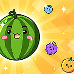 Illustration adorable de pastèque souriante entourée de petits fruits colorés sur un fond rayonnant