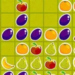 Jeu de puzzle avec des fruits comme des prunes, oranges et cerises sur un fond quadrillé vert et jaune