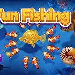 Jeu Fun Fishing avec poissons colorés et titre en lettres ludiques sur fond sous-marin