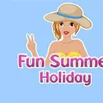 Illustration de femme blonde souriante en chapeau, faisant un signe de paix, avec texte Fun Summer Holiday sur fond bleu