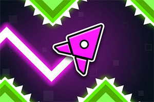 Icône triangulaire rose survolant un parcours néon en zigzag entre des obstacles verts à pointes sur fond violet sombre