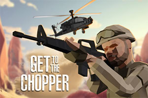 Un soldat au style polygonal vise avec un fusil, avec un hélicoptère noir en arrière-plan et le texte Get to the Chopper visible