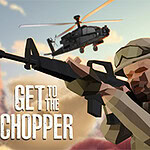 Un soldat au style polygonal vise avec un fusil, avec un hélicoptère noir en arrière-plan et le texte Get to the Chopper visible