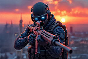 Un personnage en tenue tactique tenant une arme, avec des lunettes illuminées, sur fond de coucher de soleil urbain