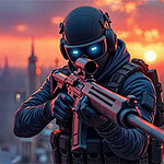 Un personnage en tenue tactique tenant une arme, avec des lunettes illuminées, sur fond de coucher de soleil urbain