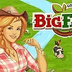 Publicité colorée pour le jeu Big Farm de Goodgame, présentant une fermière souriante, des vaches et un design verdoyant et vibrant