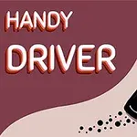 Logo Handy Driver avec une illustration de voiture noire dérapant sur fond rose et marron