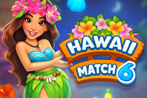 Jeune femme hawaïenne souriante en tenue tropicale devant un logo coloré « HAWAII MATCH 6 » entouré de fleurs