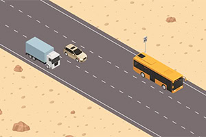 Route du désert avec un bus, un camion et une voiture en vue isométrique