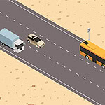 Highway Rush Route du désert avec un bus, un camion et une voiture en vue isométrique