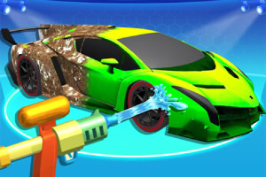 Voiture de sport verte nettoyée avec un pistolet à eau dans un environnement de dessin animé