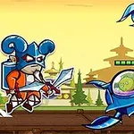 Personnage de rat samouraï bleu combattant un scorpion robotique dans un décor asiatique cartoon