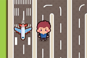 Illustration de routes avec un avion et un personnage de dessin animé