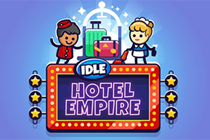 Illustration de jeu Hotel Empire Idle avec deux personnages animés, un bellboy et une réceptionniste, sur un fond bleu vibrant