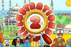 Logo coloré « L’Illustration 2 » avec loupe, devant une ville illustrée et des personnages