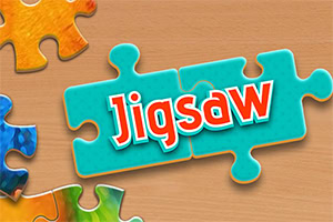 Pièces de puzzle colorées formant le mot Jigsaw sur un fond en bois