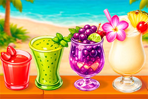 Quatre cocktails tropicaux colorés avec fruits et fleurs, posés sur une table devant une plage ensoleillée