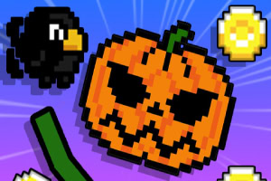 Citrouille dHalloween pixelisée avec une chauve-souris et une pièce dor sur fond violet radiant