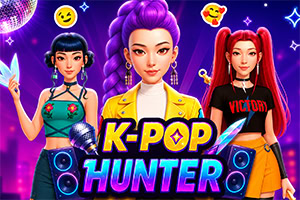 Trois héroïnes K-pop stylisées posent sur un fond néon violet avec enceintes, emojis et le texte « K-POP HUNTER »
