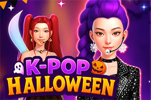 Deux idoles K-pop stylisées en costumes d’Halloween sur fond violet néon avec citrouille, fantôme et le texte « K-POP HALLOWEEN »