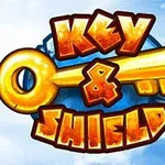 Logo coloré du jeu Key & Shield sur un fond de ciel bleu avec des nuages