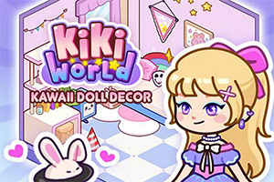 Illustration kawaii d’une jeune fille blonde aux yeux violets dans une chambre pastel décorée de lapins, étoiles et accessoires roses