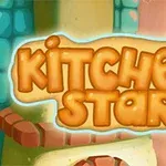 Logo de Kitchen Star avec arrière-plan flou de cuisine en style dessin animé