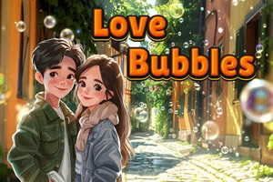 Jeune couple souriant dans une rue pavée ensoleillée avec des bulles flottantes et le texte « Love Bubbles »