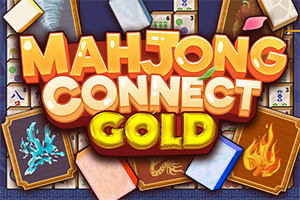 Logo coloré « MAHJONG CONNECT GOLD » entouré de tuiles de mahjong, cartes décoratives et flammes