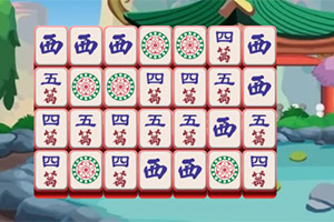 Jeu de Mahjong avec des tuiles comportant des symboles chinois et des motifs floraux sur fond de paysage asiatique