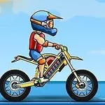 Motocycliste en dessin animé réalisant une course sur une piste avec ciel bleu et décor minimaliste