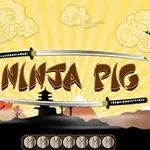 Écran de jeu Ninja Pig montrant un cochon ninja violet et un monstre vert sur un décor de paysage asiatique avec des plateformes et le logo du jeu