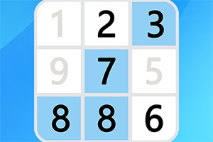Grille de chiffres 3x3 avec cases blanches et bleues sur fond bleu, affichant notamment 1, 2, 3, 9, 7, 5, 8, 8 et 6