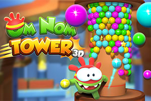 Tour de jeu Nom Nom Tower 3D avec un personnage de dessin animé vert et des boules colorées