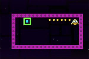 Jeu vidéo de plateforme avec un carré vert et un robot dans un cadre violet et des pièces jaunes