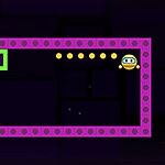 Pac Maze Jeu vidéo de plateforme avec un carré vert et un robot dans un cadre violet et des pièces jaunes