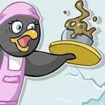 Pingouin en tablier rose glissant dans une cuisine en renversant un gâteau