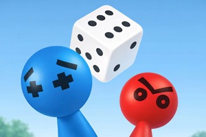Deux personnages stylisés bleu et rouge sous un dé blanc en suspension, sur fond de ciel bleu