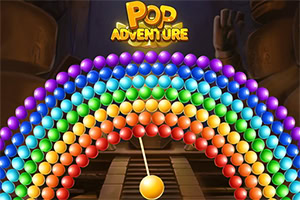 Logo « Pop Adventure » au-dessus d’un arc-en-ciel de bulles colorées et d’une bille jaune sur un chemin en bois