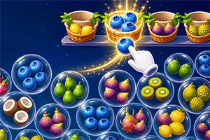 Main ganté touchant une boule bleue lumineuse, entourée de bulles remplies de fruits colorés et de paniers de fruits sur fond étoilé