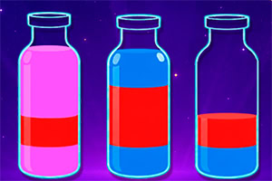 Trois fioles transparentes remplies de liquides rose, rouge et bleu sur fond violet