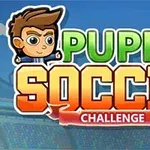 Logo du jeu Puppet Soccer Challenge avec un personnage de dessin animé et un stade en arrière-plan