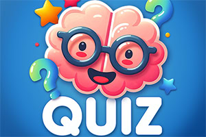 Cerveau cartoon souriant avec lunettes, entouré de points d’interrogation et d’étoiles, au-dessus du mot « QUIZ » sur fond bleu
