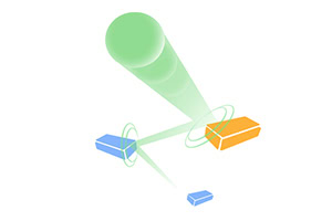 Illustration 3D abstraite avec un faisceau lumineux vert dirigé vers des blocs bleu et orange sur fond blanc