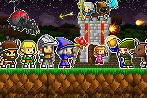 Personnages pixélisés en tenue médiévale et monstres devant un château sous un ciel étoilé